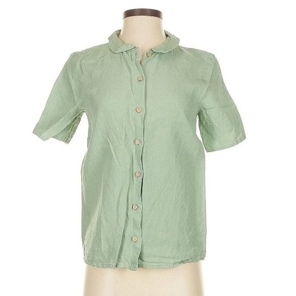 Son de Flor Green Linen Peter Pan Collar Button Up Blouse‎ Short Sleeve Shirt - Picture 1 of 4